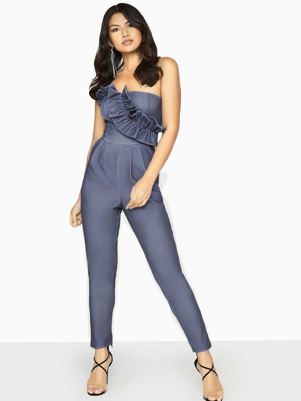 Strapless One-Shoulder Ruffle Jumpsuit in Slate